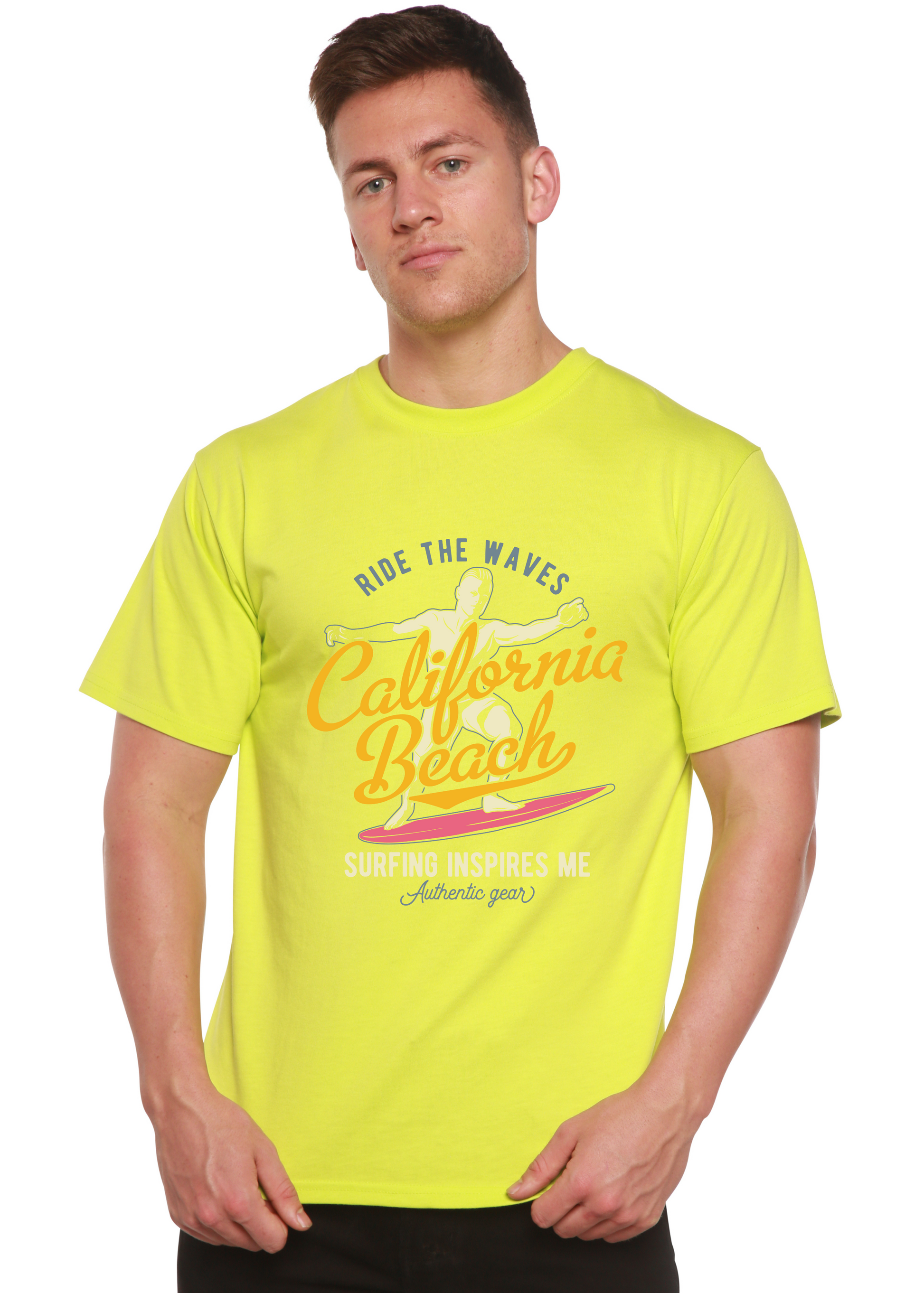 California Beach men's T-shirt neon lime surf art, bamboo viscose/organic cotton Spun Bamboo on Tampa Home & Garden Store