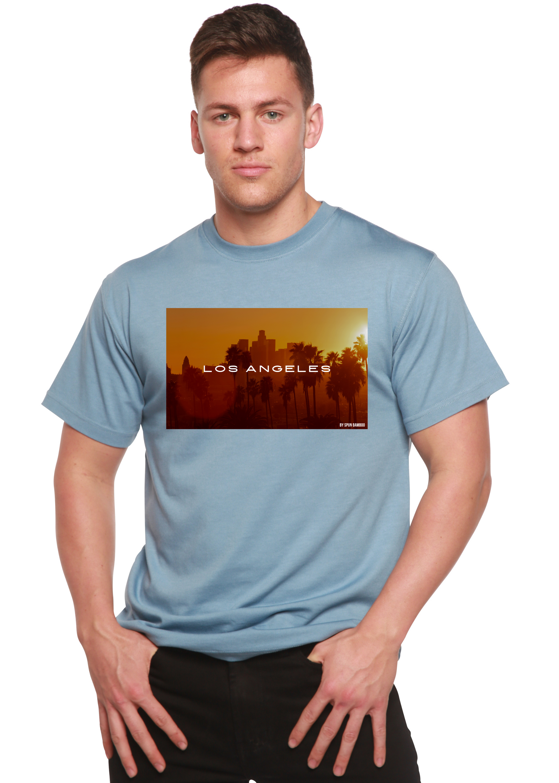 Los Angeles unisex bamboo viscose/organic cotton graphic T-shirt; light blue with palm sunset LA design on Tampa Home & Garden Store