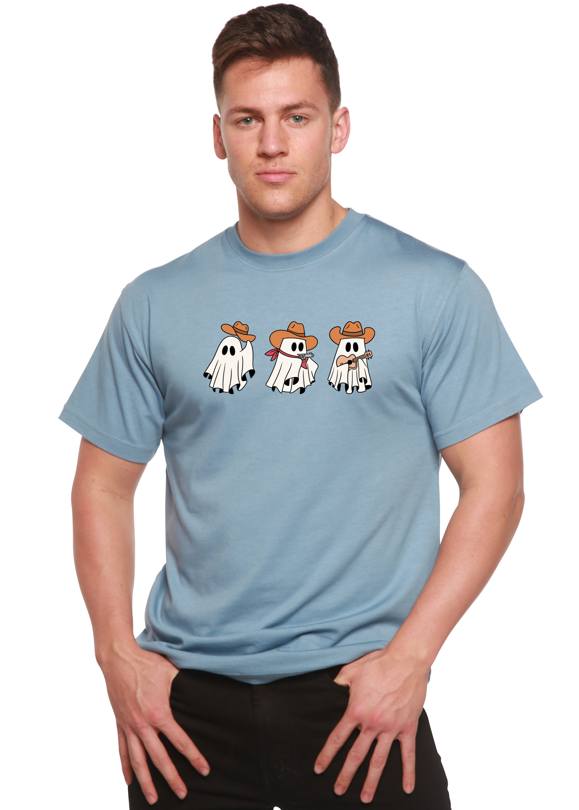 Cowboy Ghosts unisex tee in light blue bamboo viscose/organic cotton with ghost cowboys on Tampa Home & Garden Store