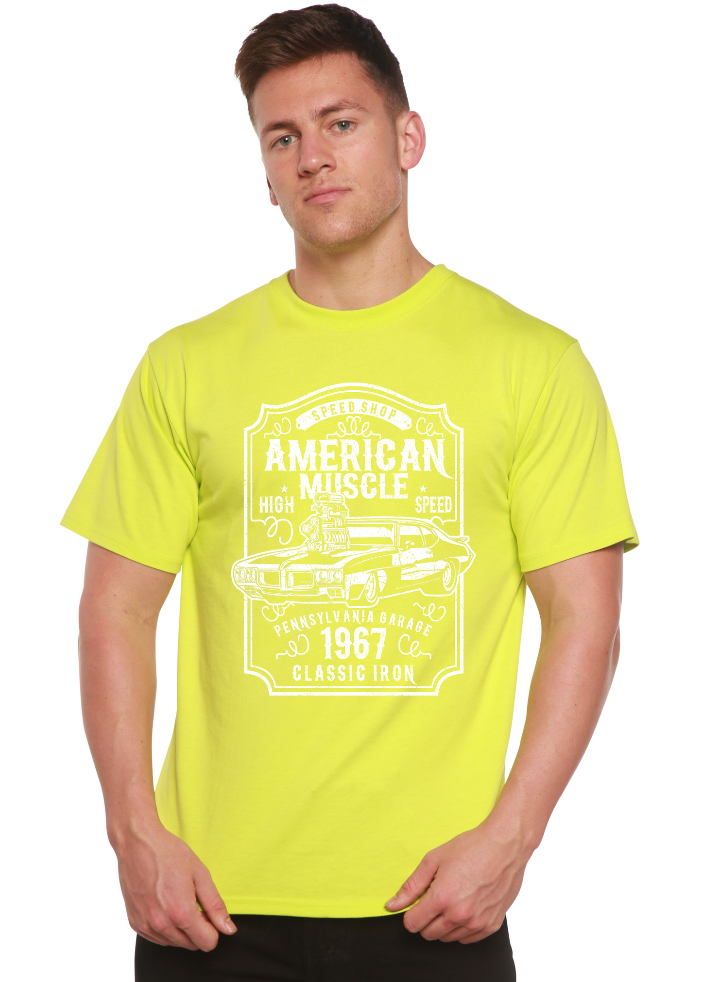 American Muscle men's graphic tee neon yellow bamboo viscose/organic cotton by Spun Bamboo on Tampa Home & Garden Store