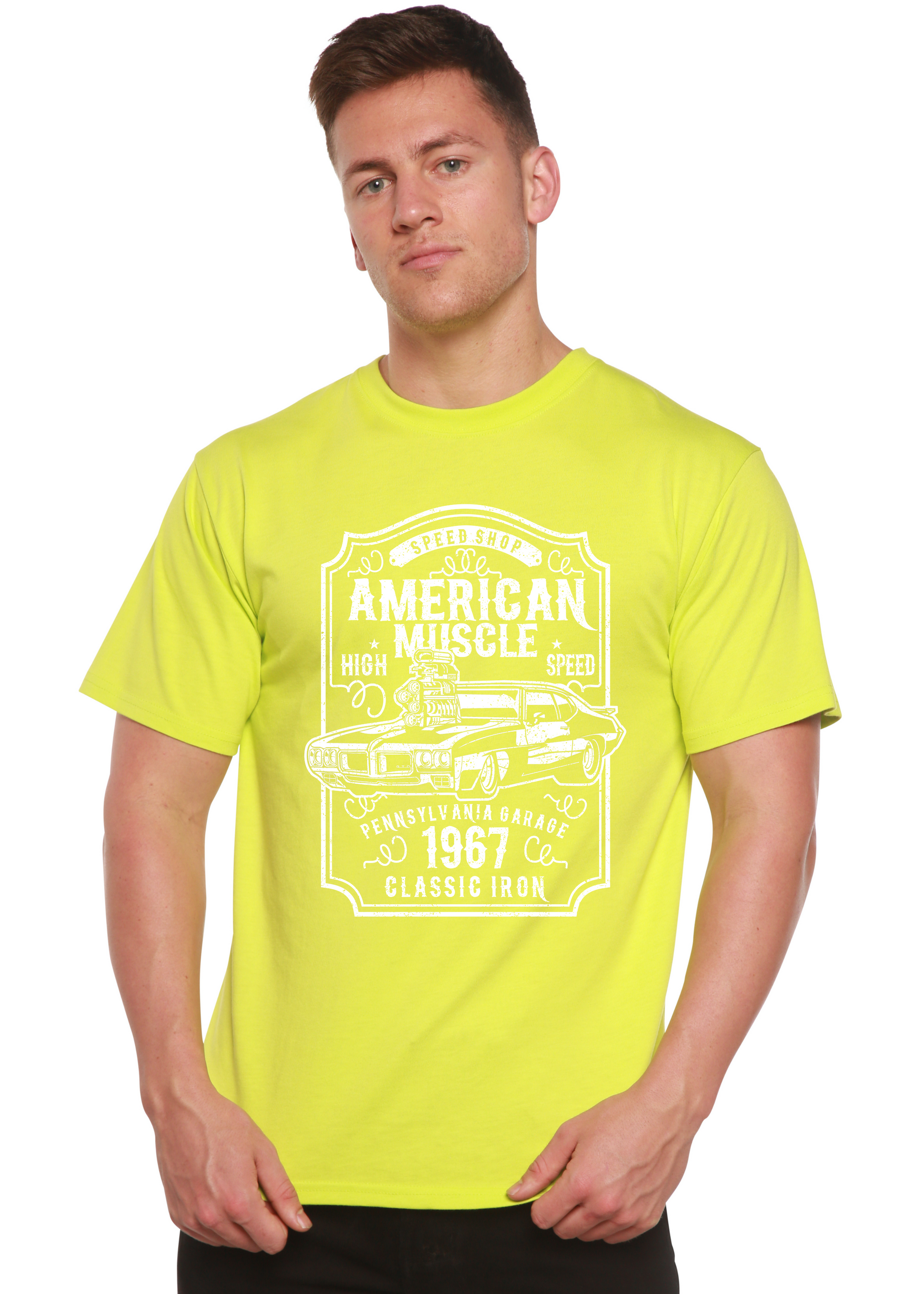 American Muscle men's graphic tee neon yellow bamboo viscose/organic cotton by Spun Bamboo on Tampa Home & Garden Store