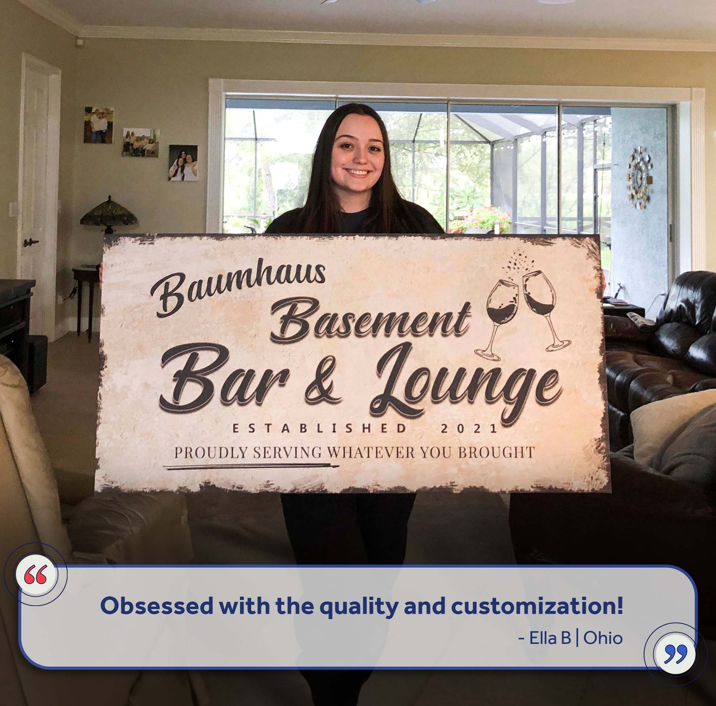 Basement Bar And Lounge Sign II canvas by Tailored Canvases; beige backdrop, vintage script on Tampa Home & Garden Store