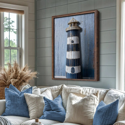 Wooden lighthouse coastal wall art canvas with blue weathered plank backdrop framed in dark wood on Tampa Home & Garden Store