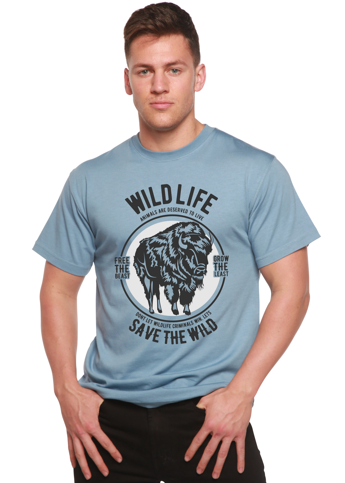 Wild Life Spun Bamboo men's graphic T-shirt in light blue with buffalo Save the Wild slogan on Tampa Home & Garden Store