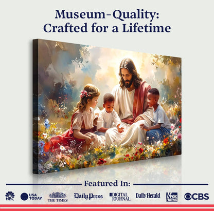 Jesus With Children Faith Wall Art VII canvas by Tailored Canvases, vibrant garden scene on Tampa Home & Garden Store
