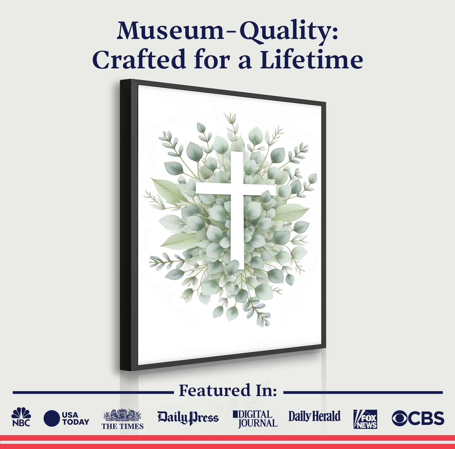 Canvas: Minimalist Cross Faith Wall Art by Tailored Canvases with green eucalyptus leaves on Tampa Home & Garden Store