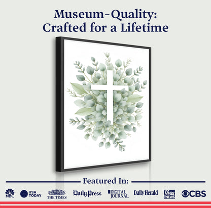 Canvas: Minimalist Cross Faith Wall Art by Tailored Canvases with green eucalyptus leaves on Tampa Home & Garden Store