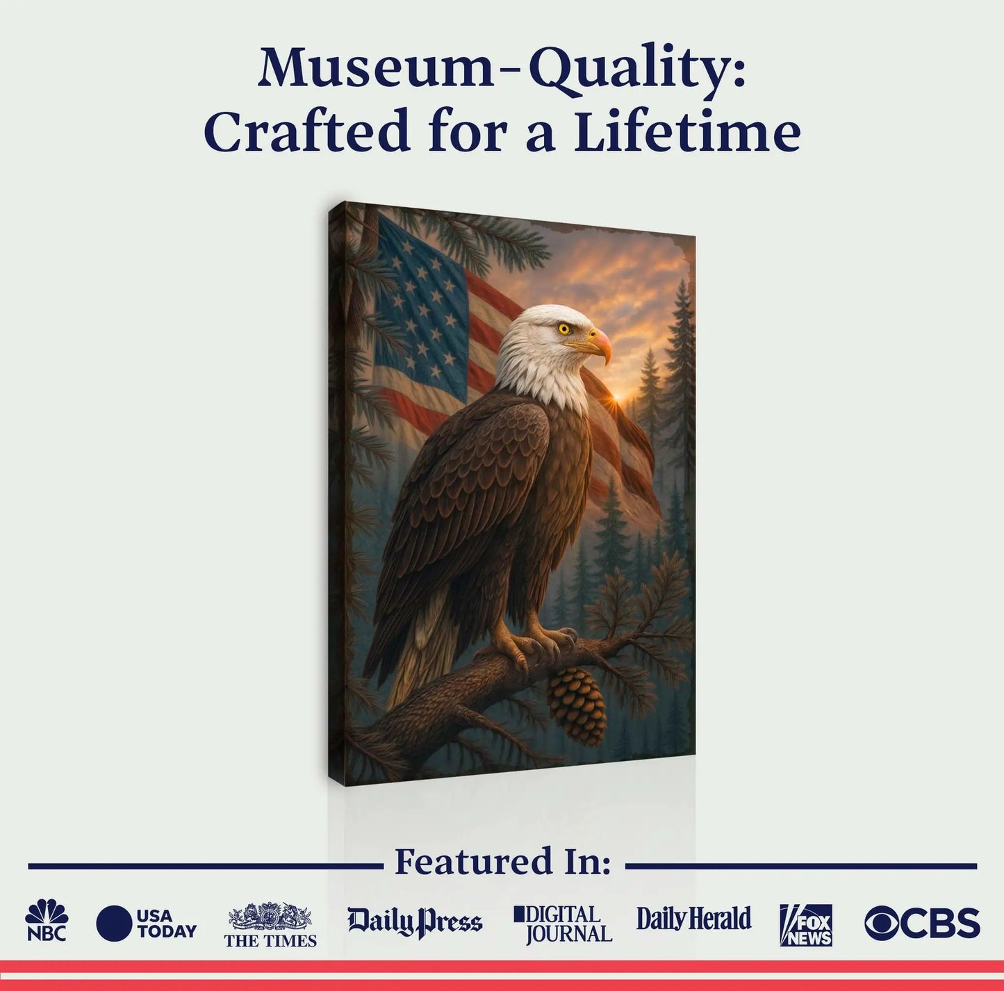 Canvas Sentinel of the Pines Eagle wall art with a bald eagle, US flag, and pine backdrop on Tampa Home & Garden Store