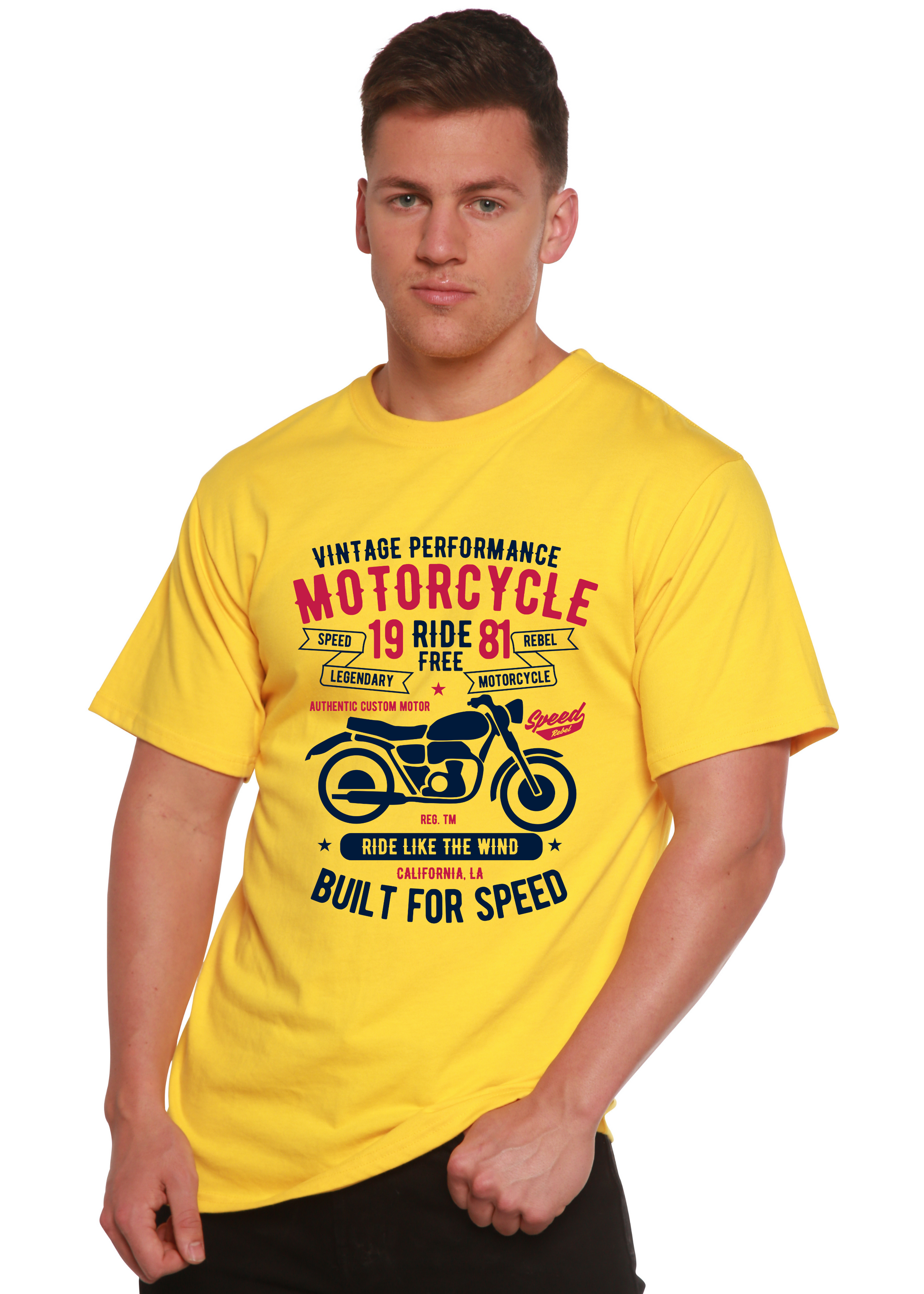 Yellow men's T-shirt with motorcycle print; bamboo viscose/organic cotton by Spun Bamboo on Tampa Home & Garden Store