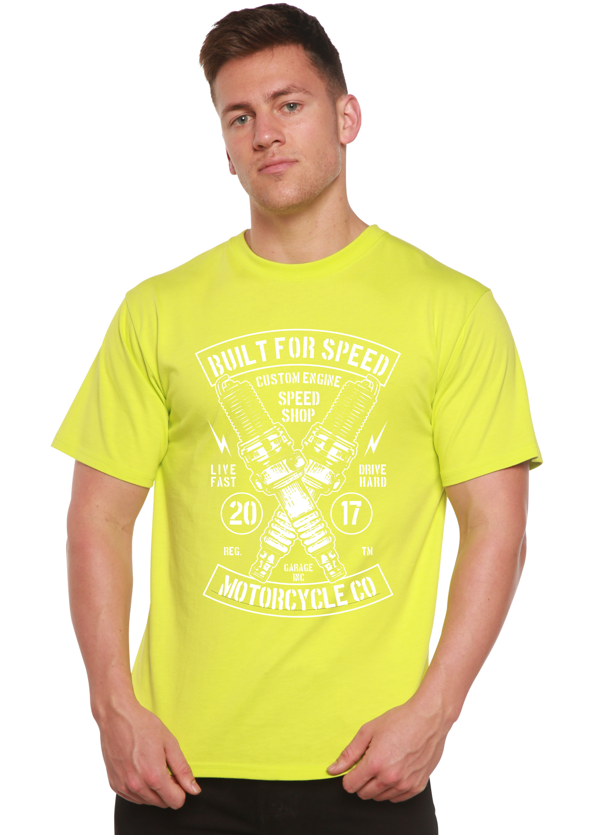 Built For Speed men's neon lime T-shirt with white engine print bamboo viscose/organic cotton on Tampa Home & Garden Store
