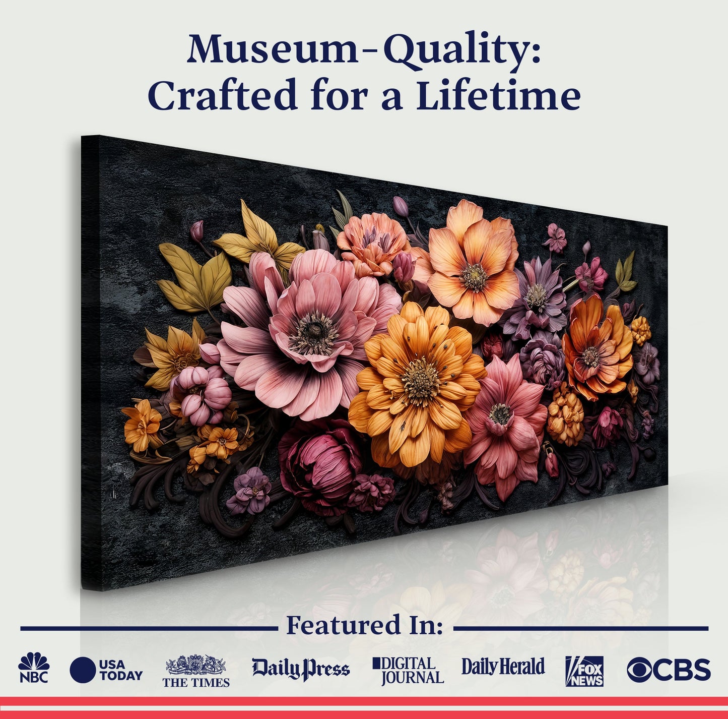 Canvas Colorful Floral Wall Art by Tailored Canvases with vibrant bouquet on dark backdrop on Tampa Home & Garden Store