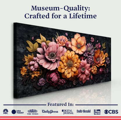 Canvas Colorful Floral Wall Art by Tailored Canvases with vibrant bouquet on dark backdrop on Tampa Home & Garden Store