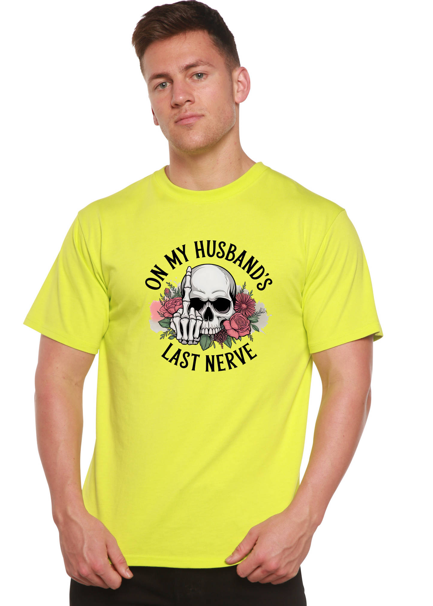 Unisex bamboo/cotton graphic T-shirt neon yellow with skull floral design by Spun Bamboo on Tampa Home & Garden Store