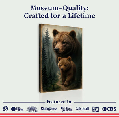 Path of the Wild Kin Bear and Cub Wall Art canvas featuring a bear and cub in a pine forest on Tampa Home & Garden Store