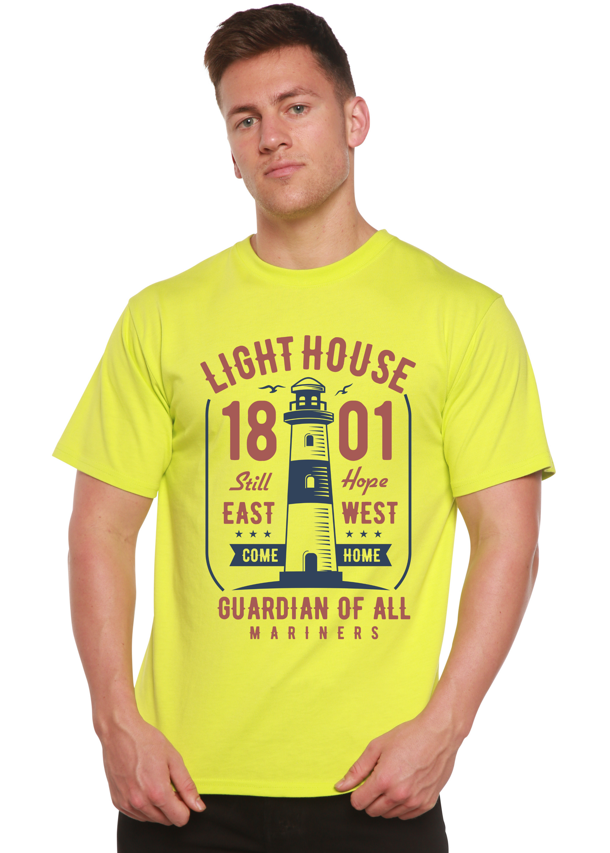 Light House men's neon yellow bamboo viscose organic cotton tee with lighthouse print on Tampa Home & Garden Store
