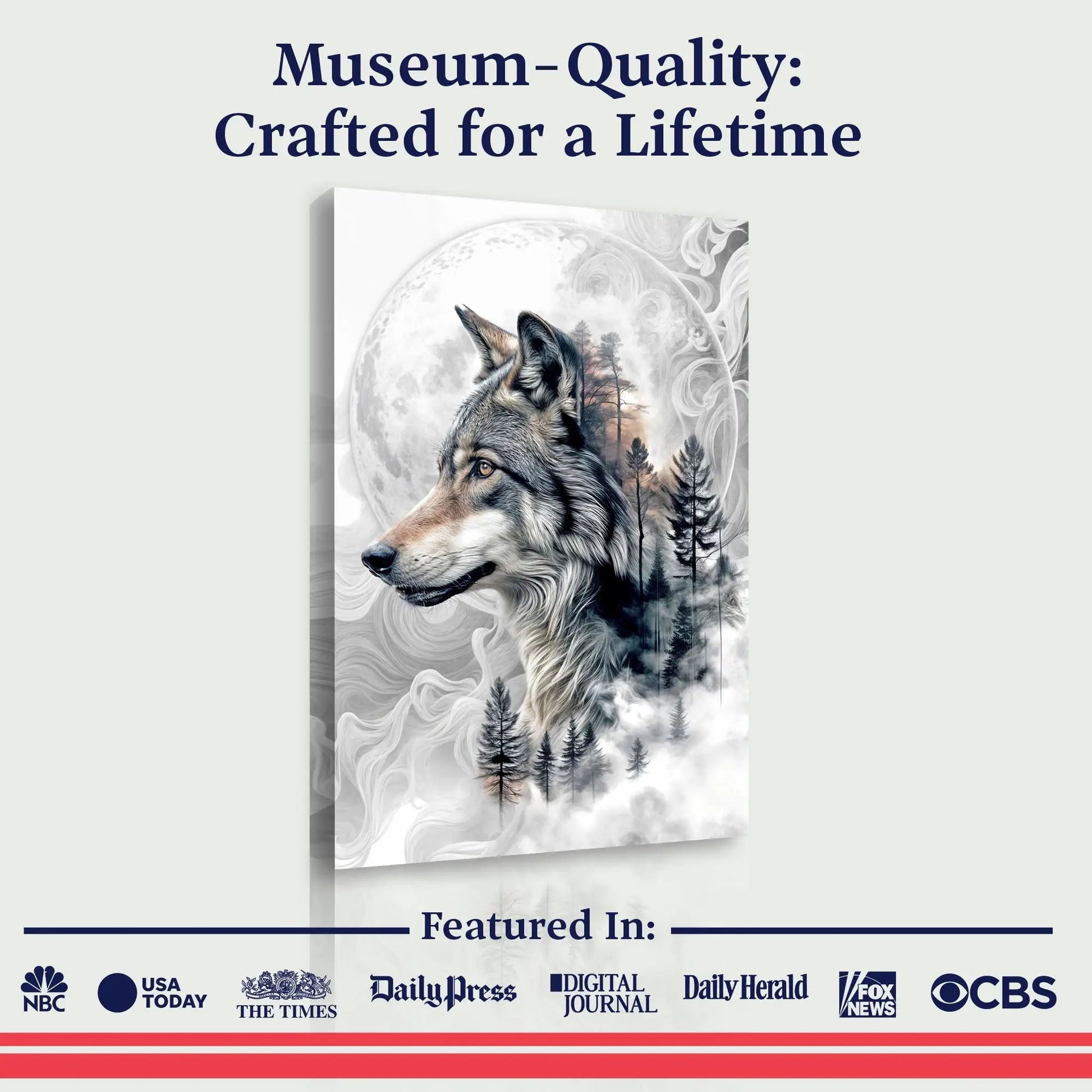Wolf double exposure canvas art with forest silhouettes and moon backdrop on Tampa Home & Garden Store