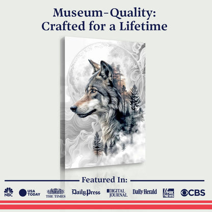 Wolf double exposure canvas art with forest silhouettes and moon backdrop on Tampa Home & Garden Store