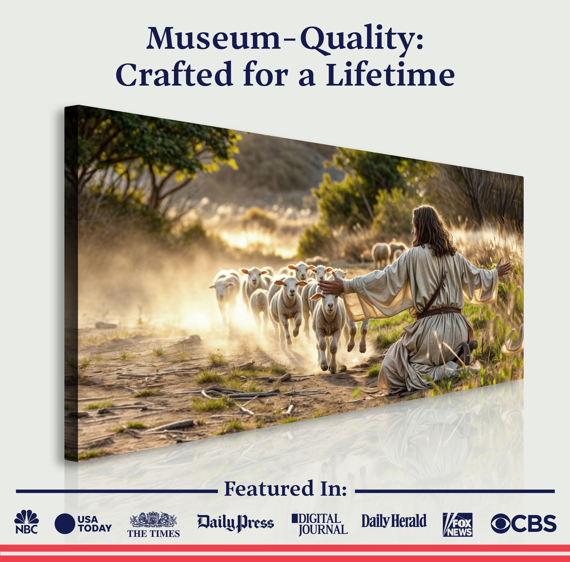 Jesus Protects The Lamb From Wolves Faith Wall Art VIII canvas, shepherd guiding lambs in field on Tampa Home & Garden Store