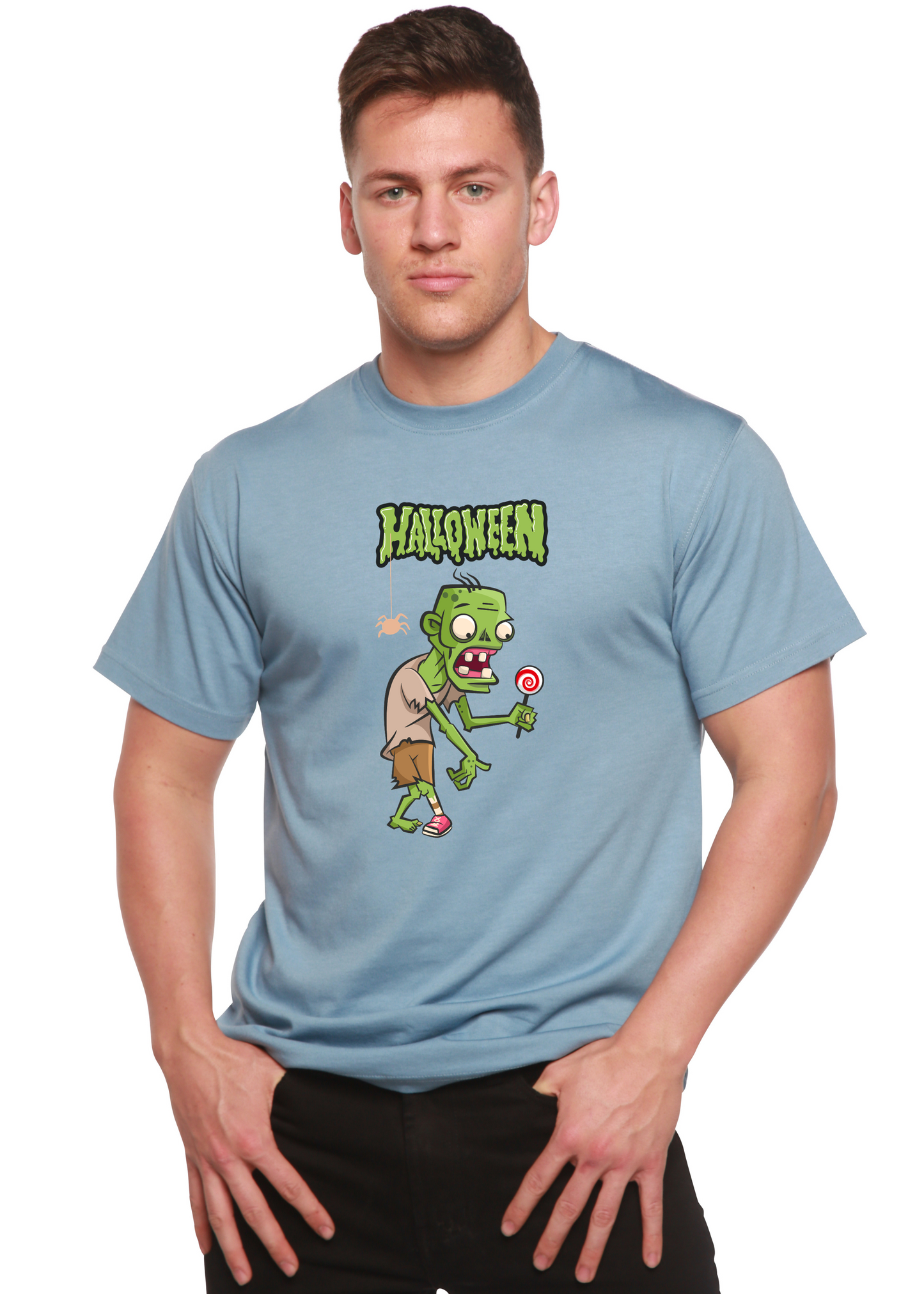 Unisex Halloween Green Monster graphic T-shirt blue bamboo viscose cotton Spun Bamboo on Tampa Home & Garden Store