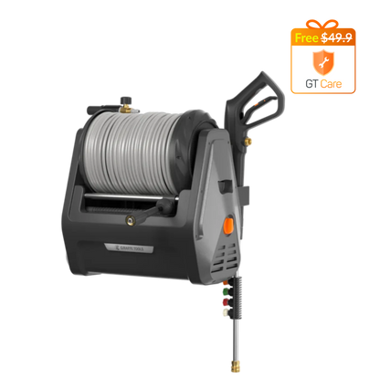 Grandfalls gray wall-mounted pressure washer with hose reel and spray gun by Giraffe Tools on Tampa Home & Garden Store