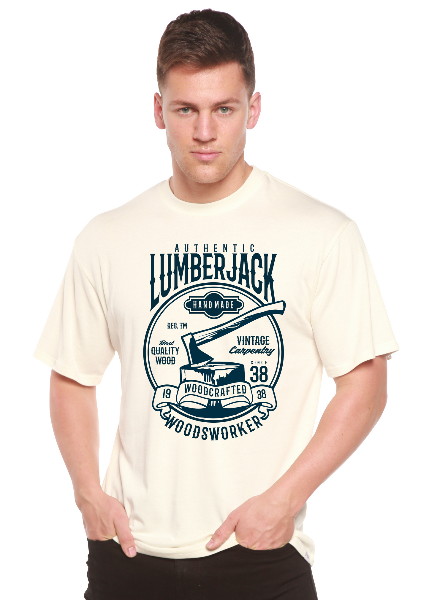 Lumberjack graphic tee in beige with bold circular print on bamboo viscose/organic cotton blend on Tampa Home & Garden Store
