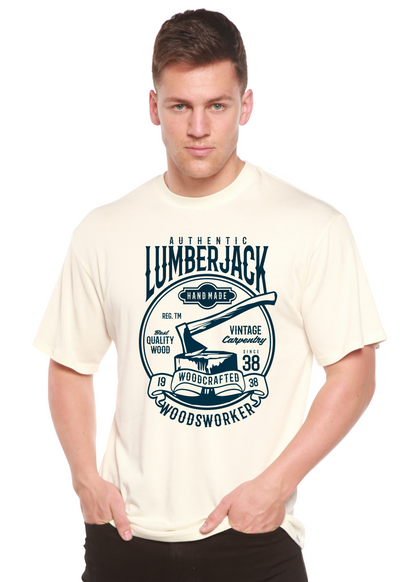Lumberjack graphic tee in beige with bold circular print on bamboo viscose/organic cotton blend on Tampa Home & Garden Store