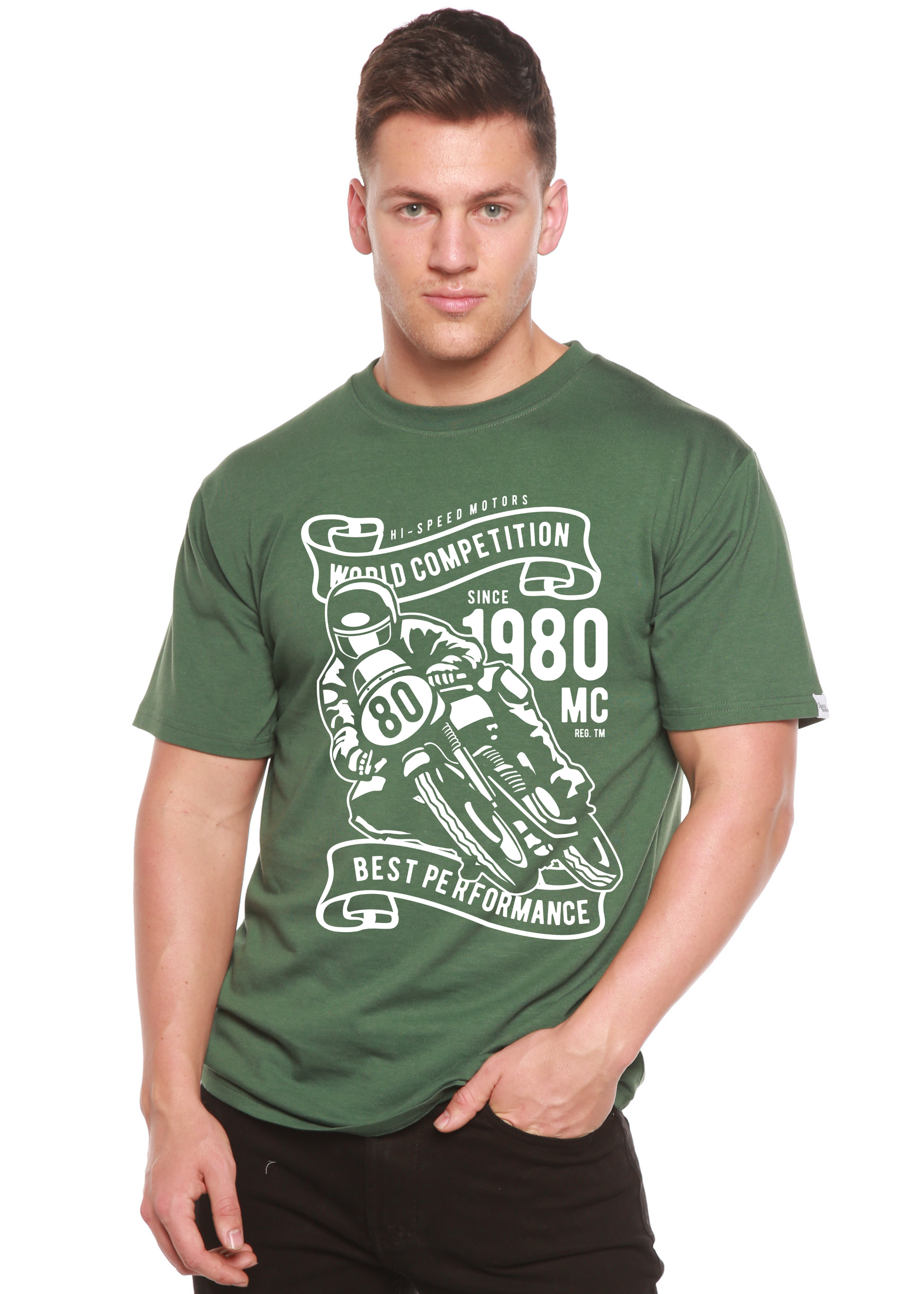 World Competition graphic T-shirt men bamboo viscose/organic cotton in green with motorcycle on Tampa Home & Garden Store