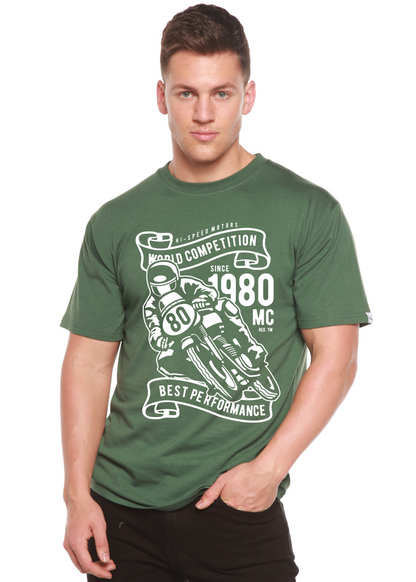 World Competition graphic T-shirt men bamboo viscose/organic cotton in green with motorcycle on Tampa Home & Garden Store