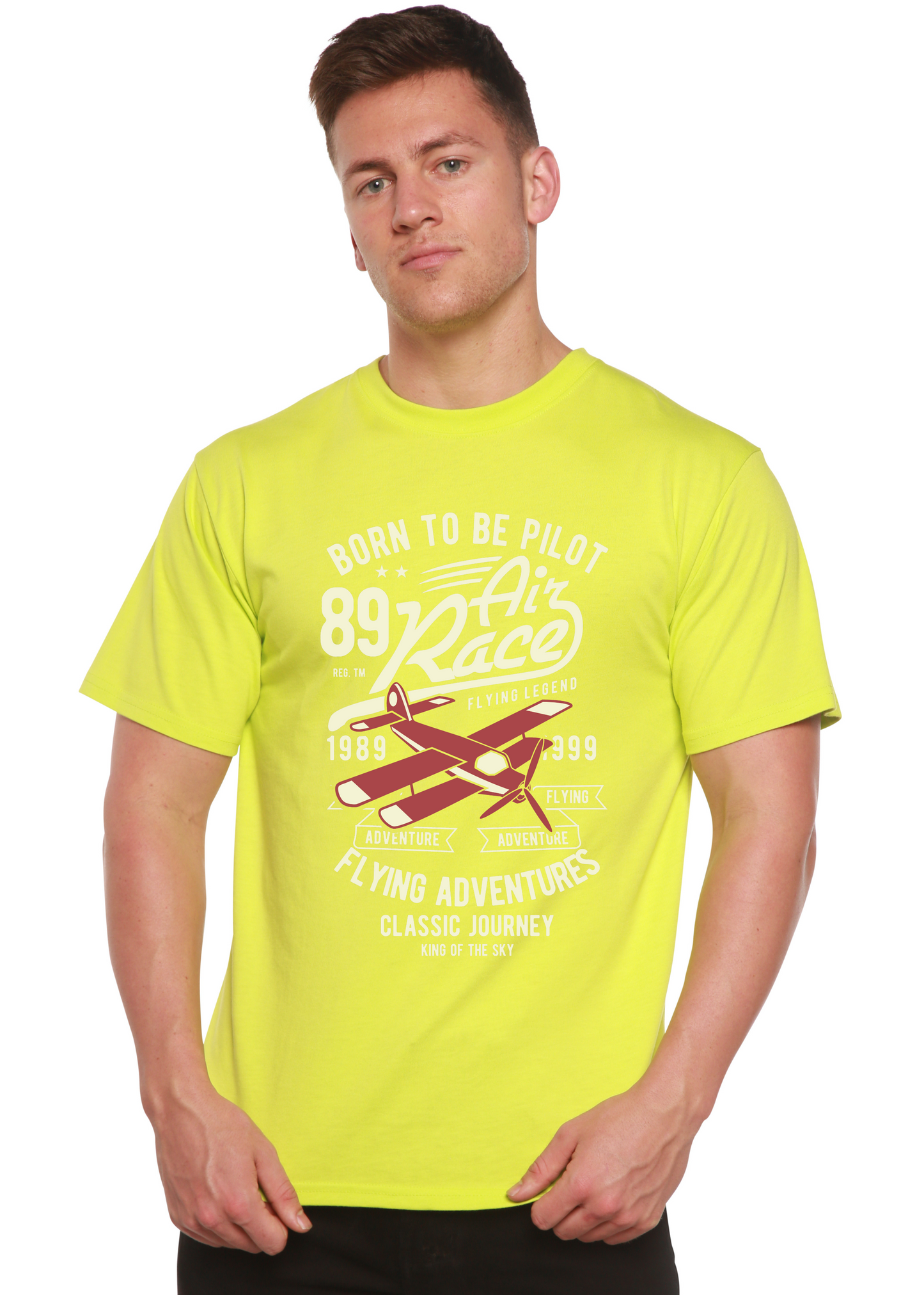 Men's neon yellow bamboo viscose/organic cotton short-sleeve graphic tee with Born To Be Pilot text on Tampa Home & Garden Store