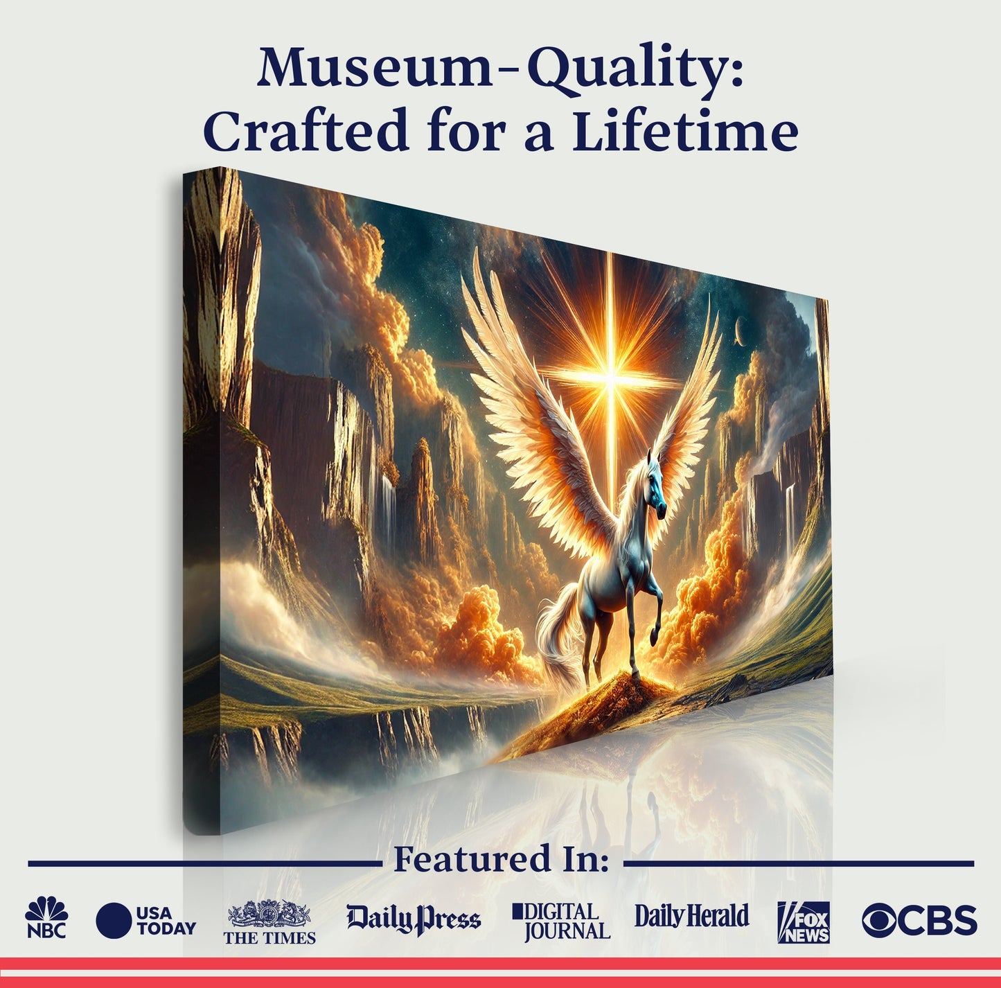 3D Horse Faith Wall Art V Canvas winged Pegasus against a dramatic sunrise over mountains on Tampa Home & Garden Store