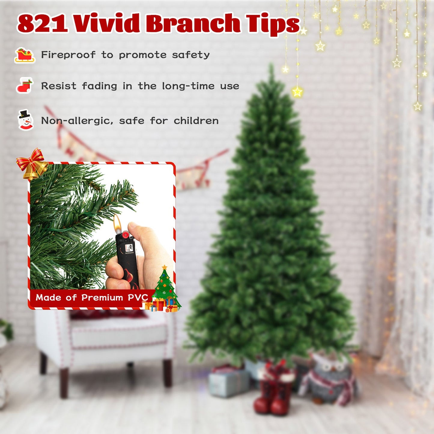 6/7/8 Feet Hinged Christmas Tree with PVC Branch Tips Warm White LED Lights