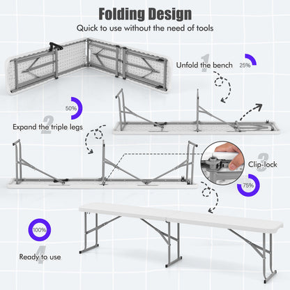 Banco plegable de plástico de 6 pies, para picnic, camping, comedor, con asa de transporte - Blanco