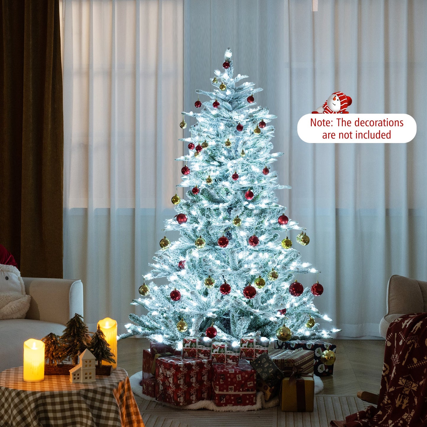 6 Feet Snow Flocked Artificial Christmas Tree with Cool White LED Lights