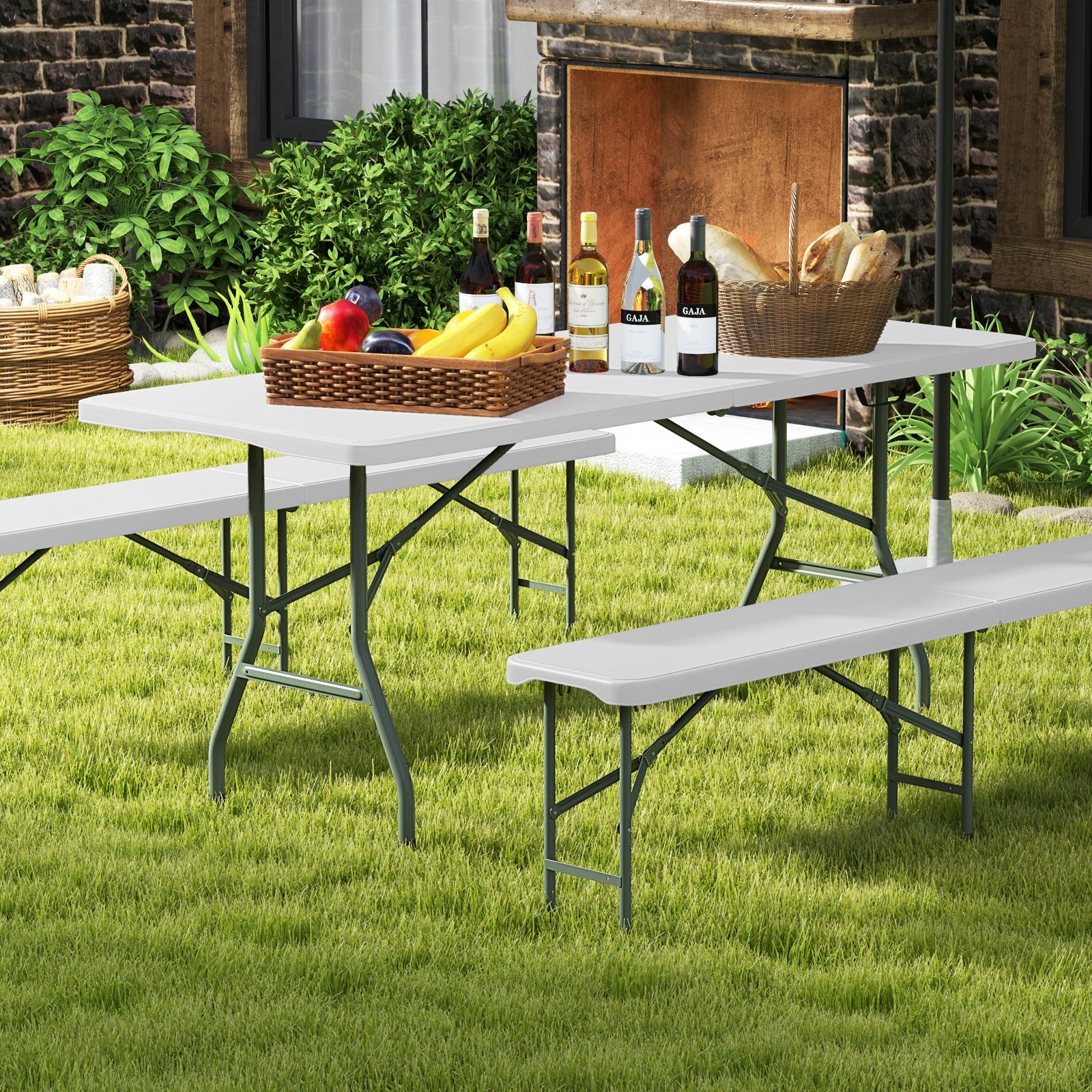 GemGear 6 ft portable folding table with HDPE top, fold-in-half, white with green legs on Tampa Home & Garden Store