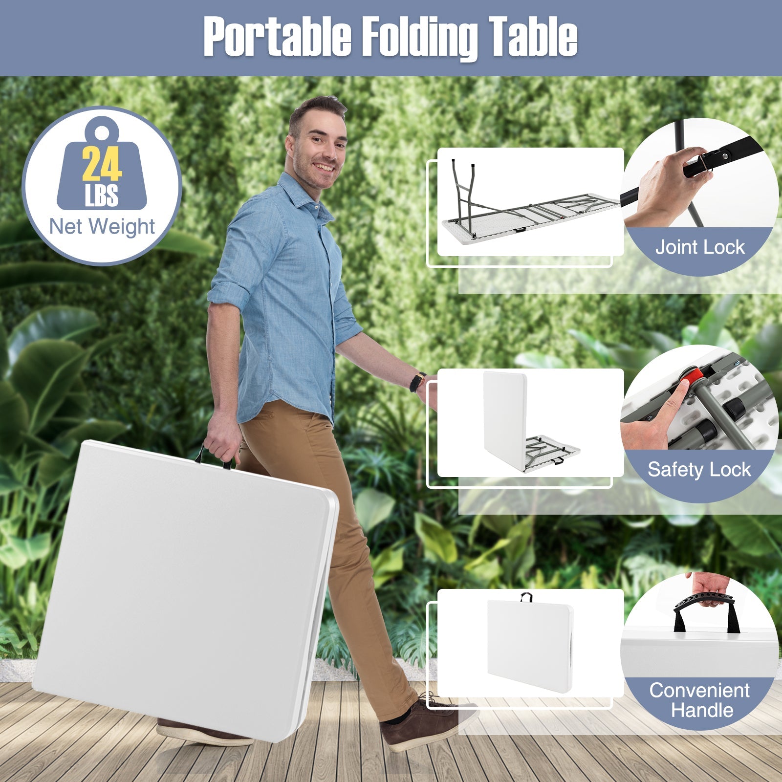 GemGear 6 ft portable folding table with HDPE top, fold-in-half, white camp furniture with handle on Tampa Home & Garden Store