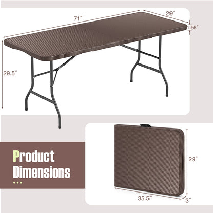 Mesa Plegable Portátil de 1,8 m con Tablero de HDPE Efecto Ratán y Mecanismo de Bloqueo de Seguridad - Marrón