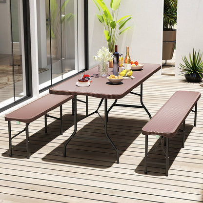 Mesa Plegable Portátil de 1,8 m con Tablero de HDPE Efecto Ratán y Mecanismo de Bloqueo de Seguridad - Marrón