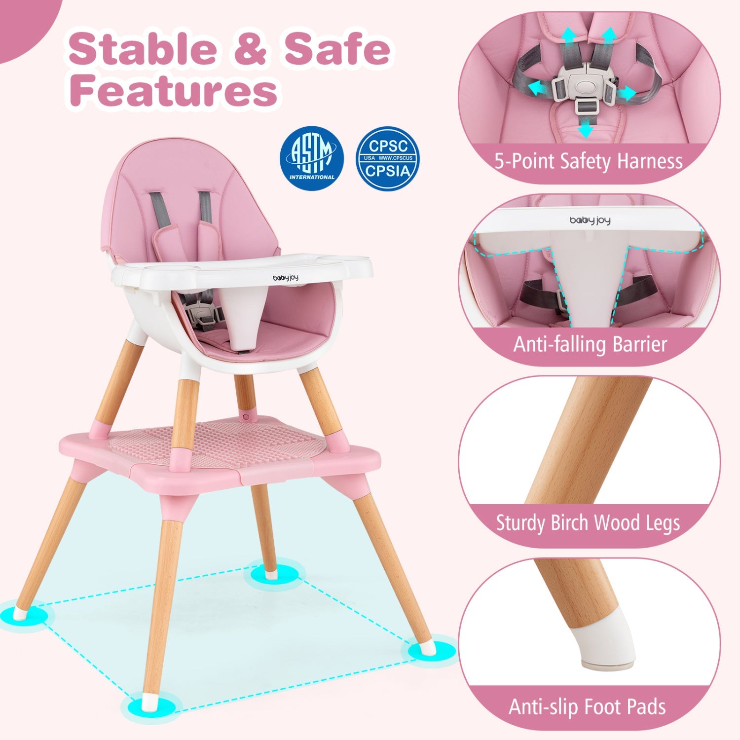 DirectDeals 6-in-1 Convertible High Chair for Babies pink seat with birch wood legs on Tampa Home & Garden Store