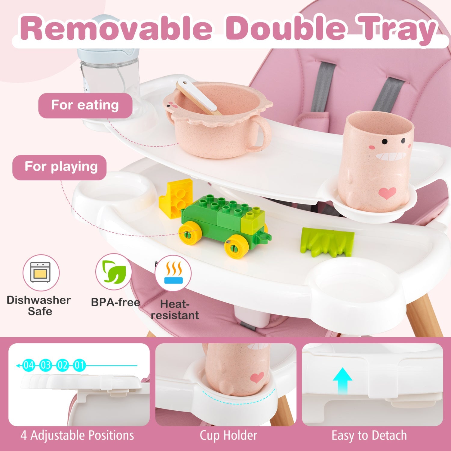 6-in-1 convertible baby high chair DirectDeals pink with removable double tray and cup holders on Tampa Home & Garden Store