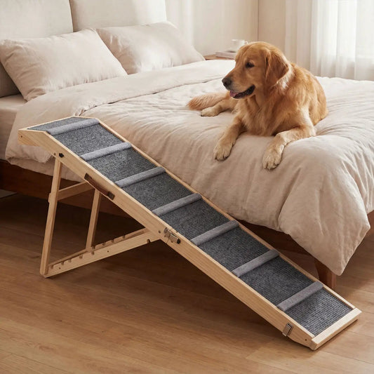 Adjustable folding dog ramp for beds and vehicles wood frame with gray carpet DirectDeals on Tampa Home & Garden Store