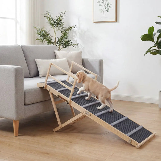 Adjustable folding dog ramp DirectDeals; natural wood frame with gray carpeted steps on Tampa Home & Garden Store