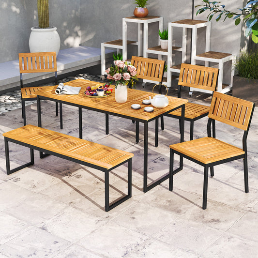 6 Pieces Outdoor Acacia Wood Dining Set with Bench and 2 Inches Umbrella Hole - Tampa Home & Garden Store