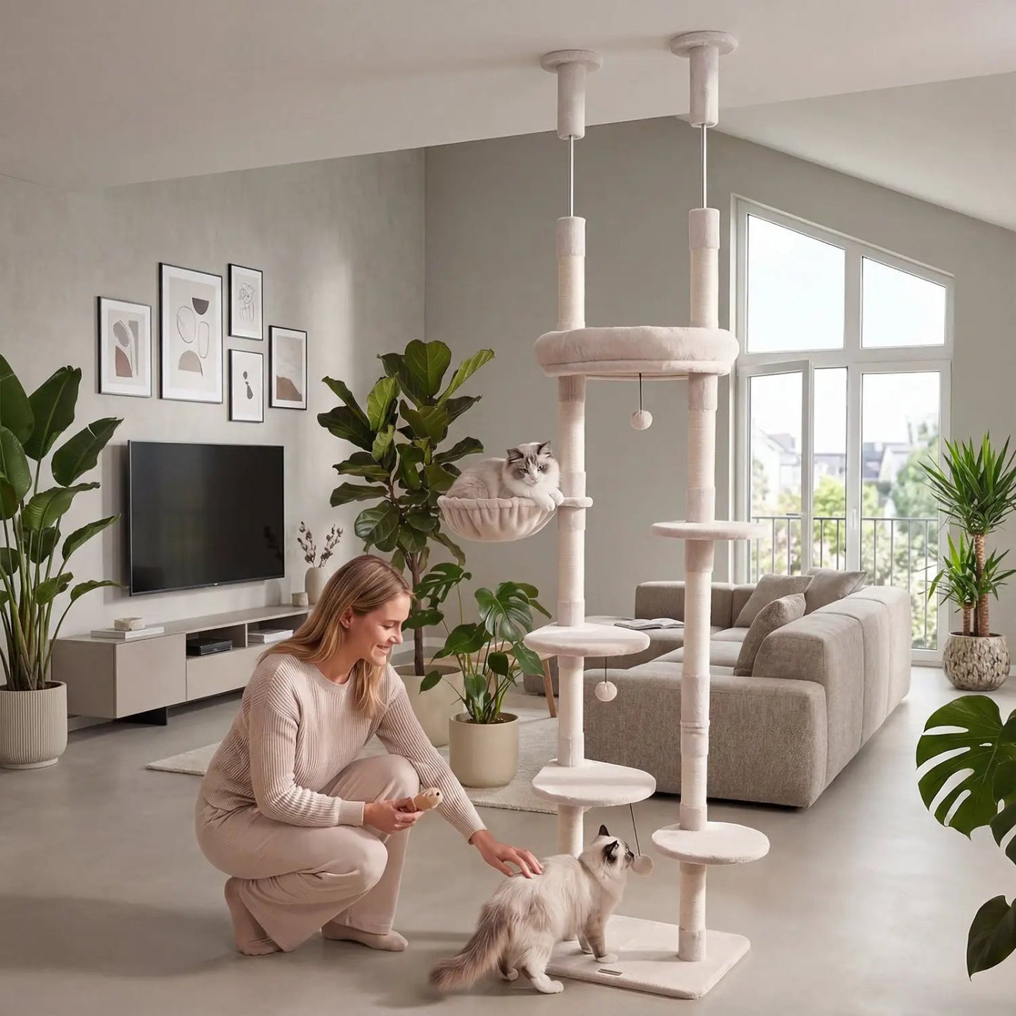 Floor to Ceiling Cat Tree with Six Tiers Hammock