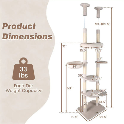 Floor to Ceiling Cat Tree with Six Tiers Hammock