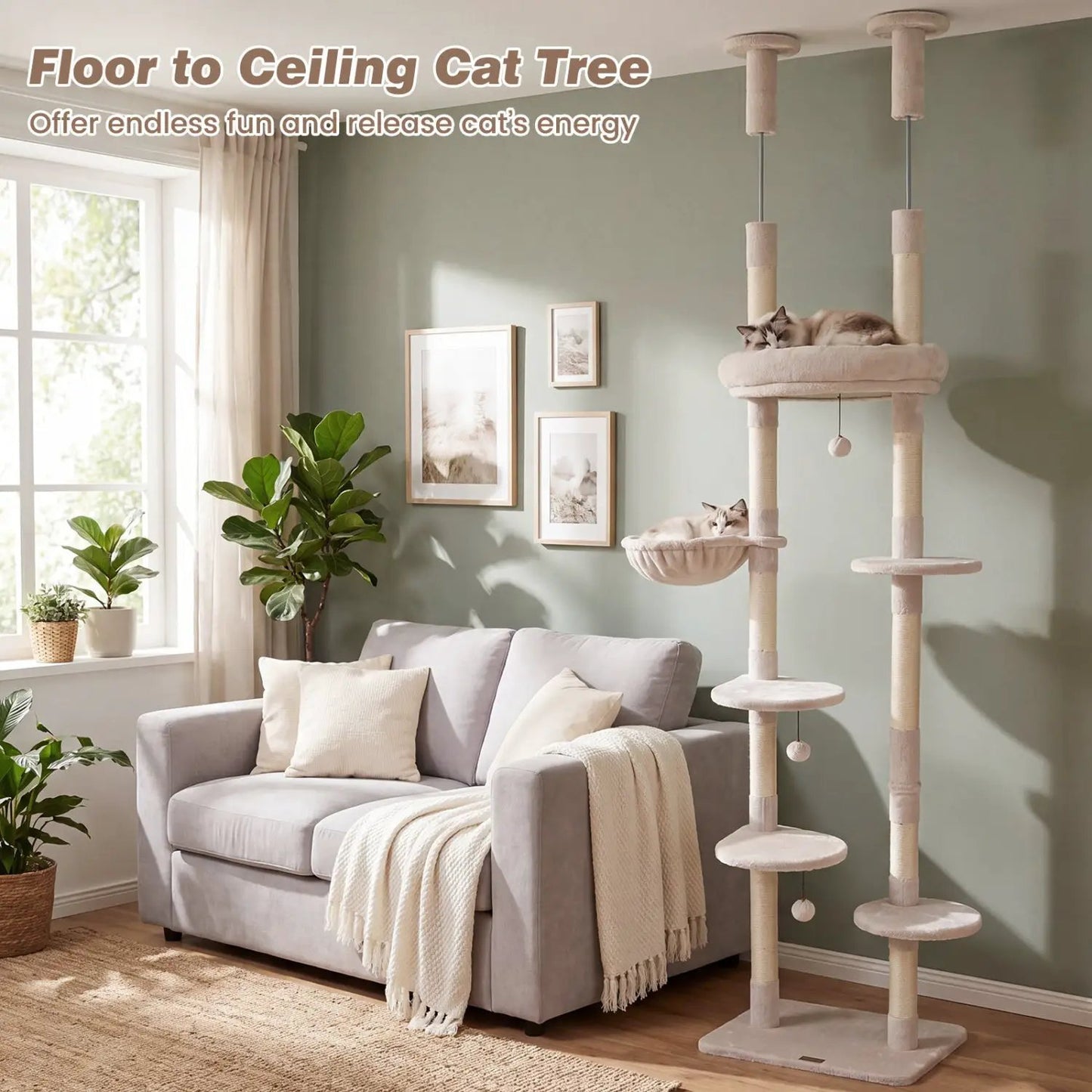 Floor to Ceiling Cat Tree with Six Tiers Hammock