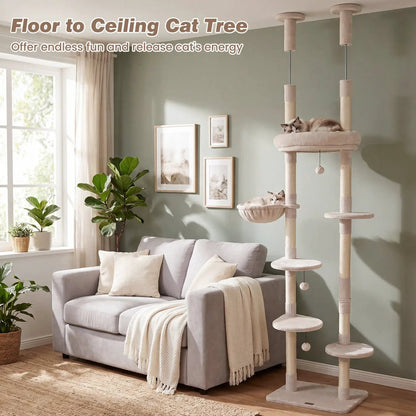 Floor to Ceiling Cat Tree with Six Tiers Hammock