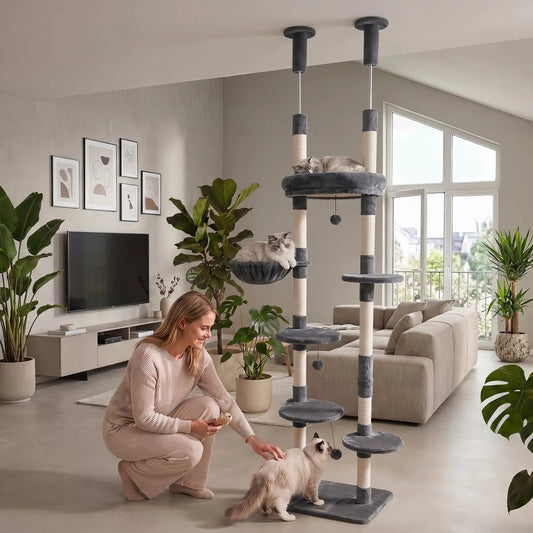 Floor-to-Ceiling Cat Tree with 6 tiers and hammock in grey plush, sisal-wrapped posts, 2 cats on Tampa Home & Garden Store