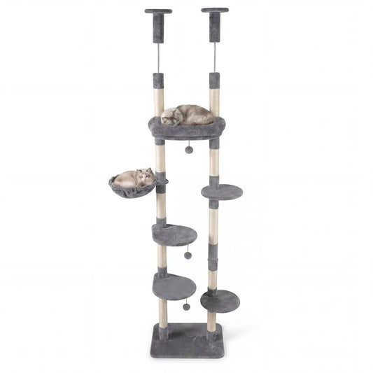 Floor-to-Ceiling Cat Tree with 6 Tiers and Hammock, two cats on beige posts on Tampa Home & Garden Store