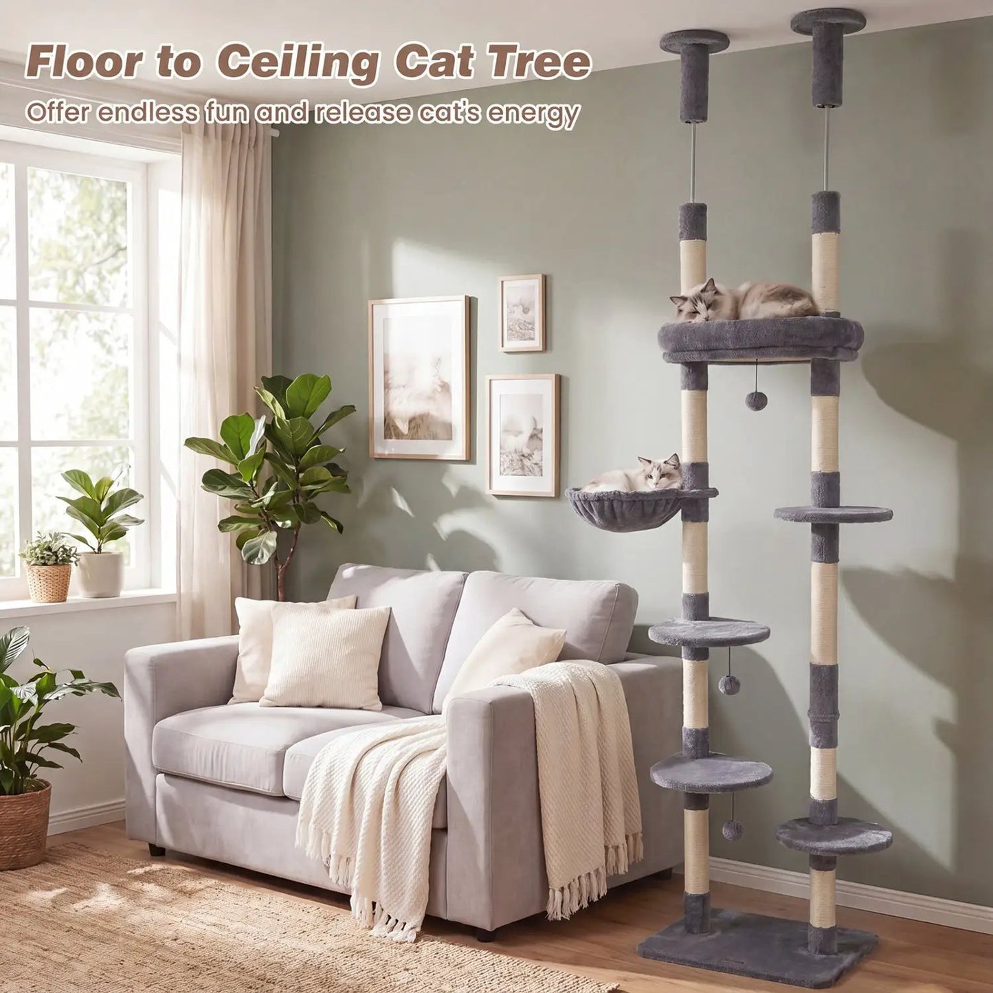 Floor to Ceiling Cat Tree with Six Tiers Hammock