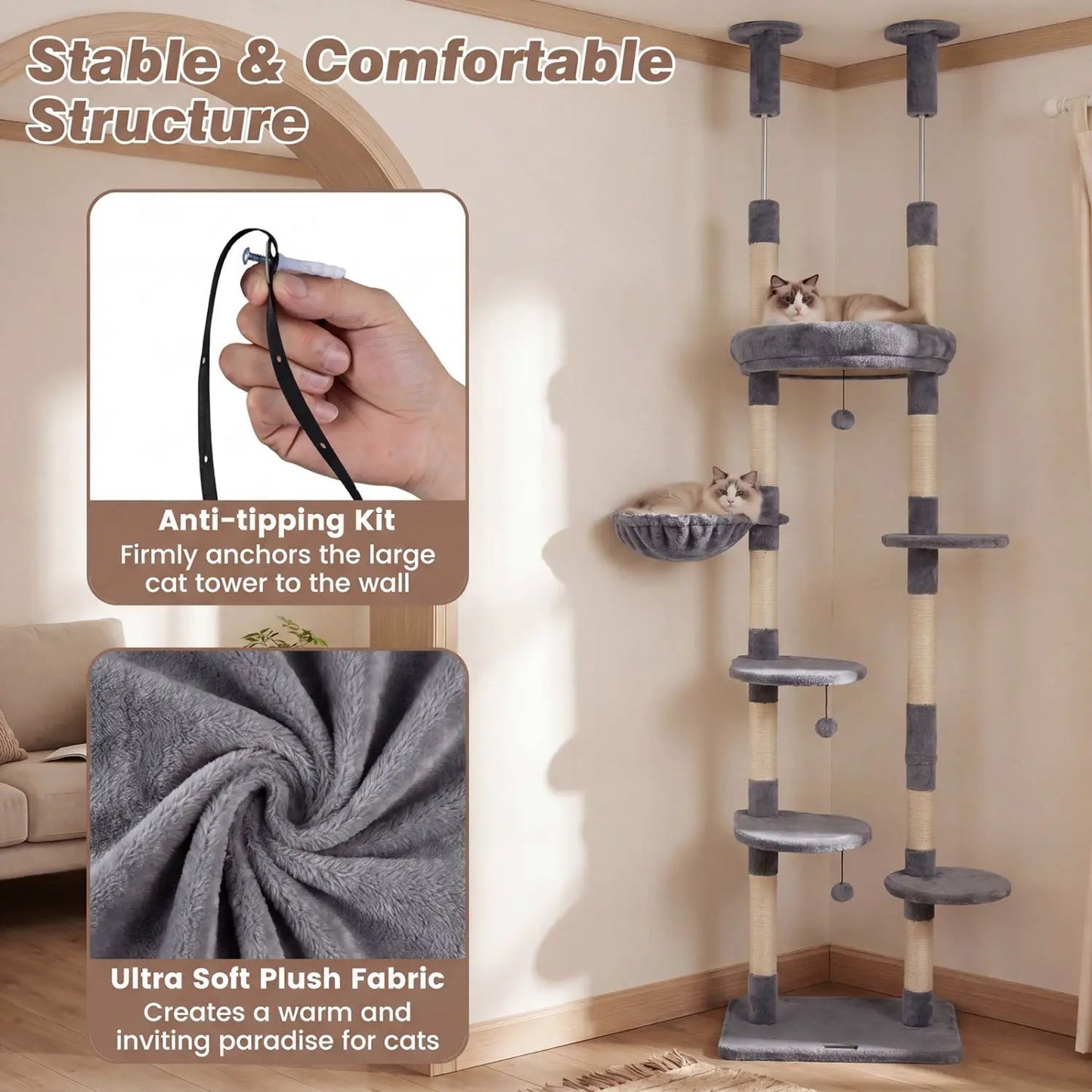 Floor to Ceiling Cat Tree with Six Tiers Hammock